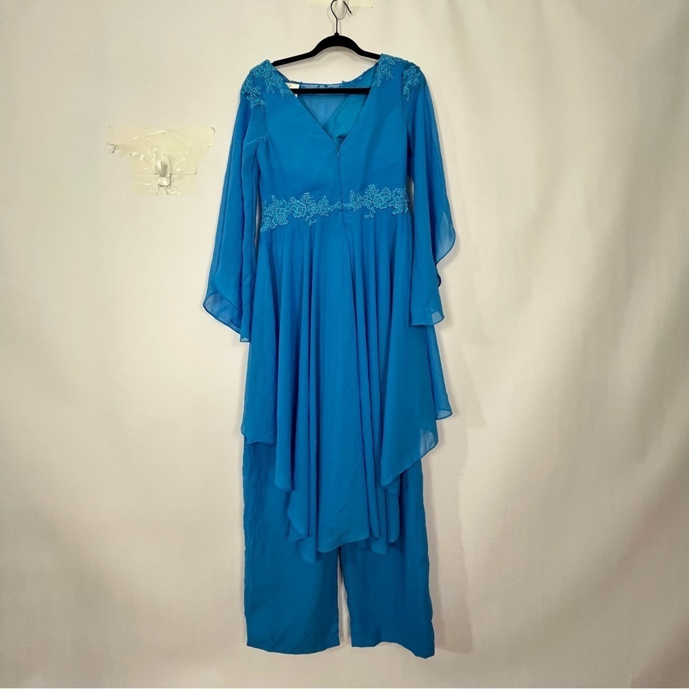 Aqua Blue Flutter Sleeves Jumpsuit Pants suit Romper with lace appliqué NWT - Picture 3 of 7